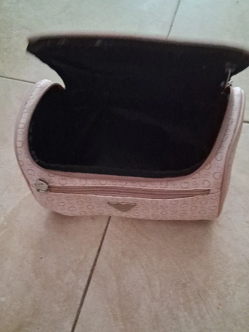GUESS Blush Pink Monogram Cosmetic Pouch Sturdy canvas logo hold a lot travel